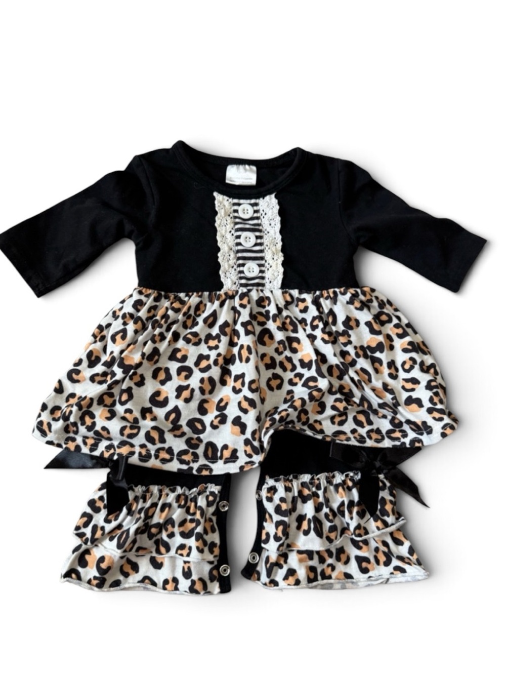 Honey Bean Leopard Print Ruffle Mock Dress Romper Long Sleeve Black 3m